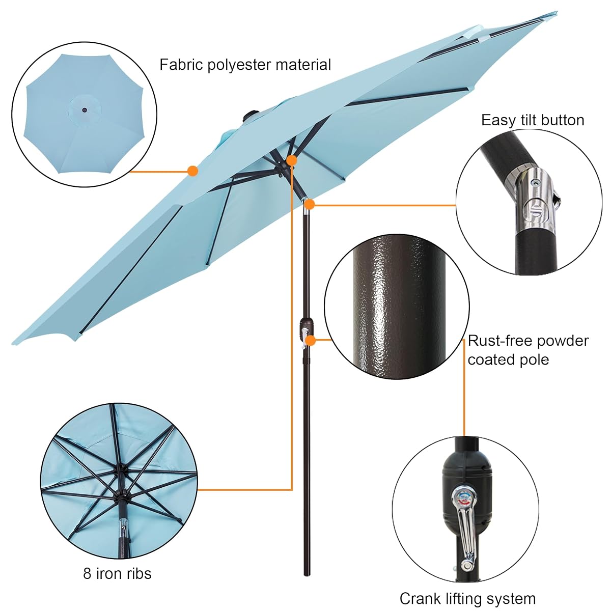 Blissun 9FT Patio Umbrella, Outdoor Table Umbrella, Yard Umbrella, Market Umbrella with 8 Sturdy Ribs, Push Button Tilt and Crank, Pale Turquoise - detail image 1