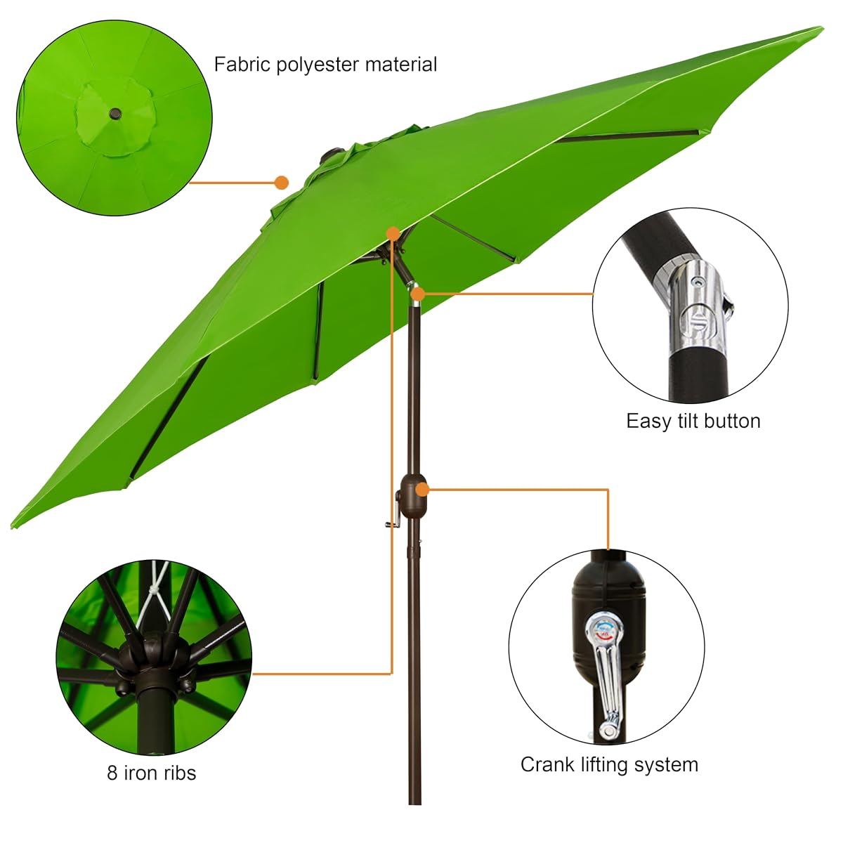 Blissun 9' Outdoor Patio Umbrella, Outdoor Table Umbrella, Yard Umbrella, Market Umbrella with 8 Sturdy Ribs, Push Button Tilt and Crank (Lime) - detail image 1