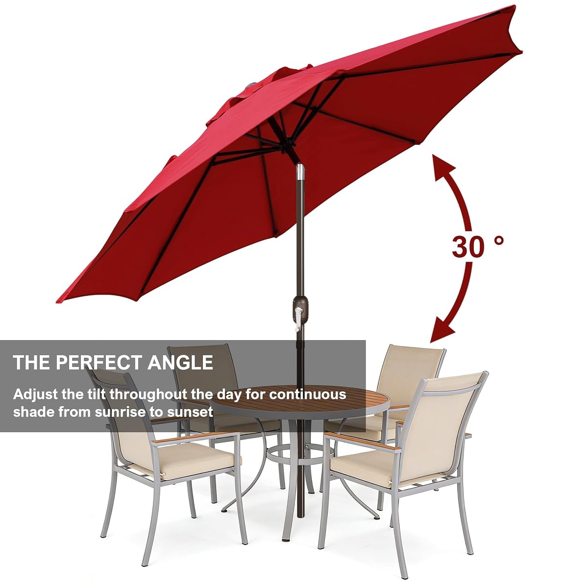 Blissun 9' Outdoor Patio Umbrella, Outdoor Table Umbrella, Yard Umbrella, Market Umbrella with 8 Sturdy Ribs, Push Button Tilt and Crank (Red) - detail image 1