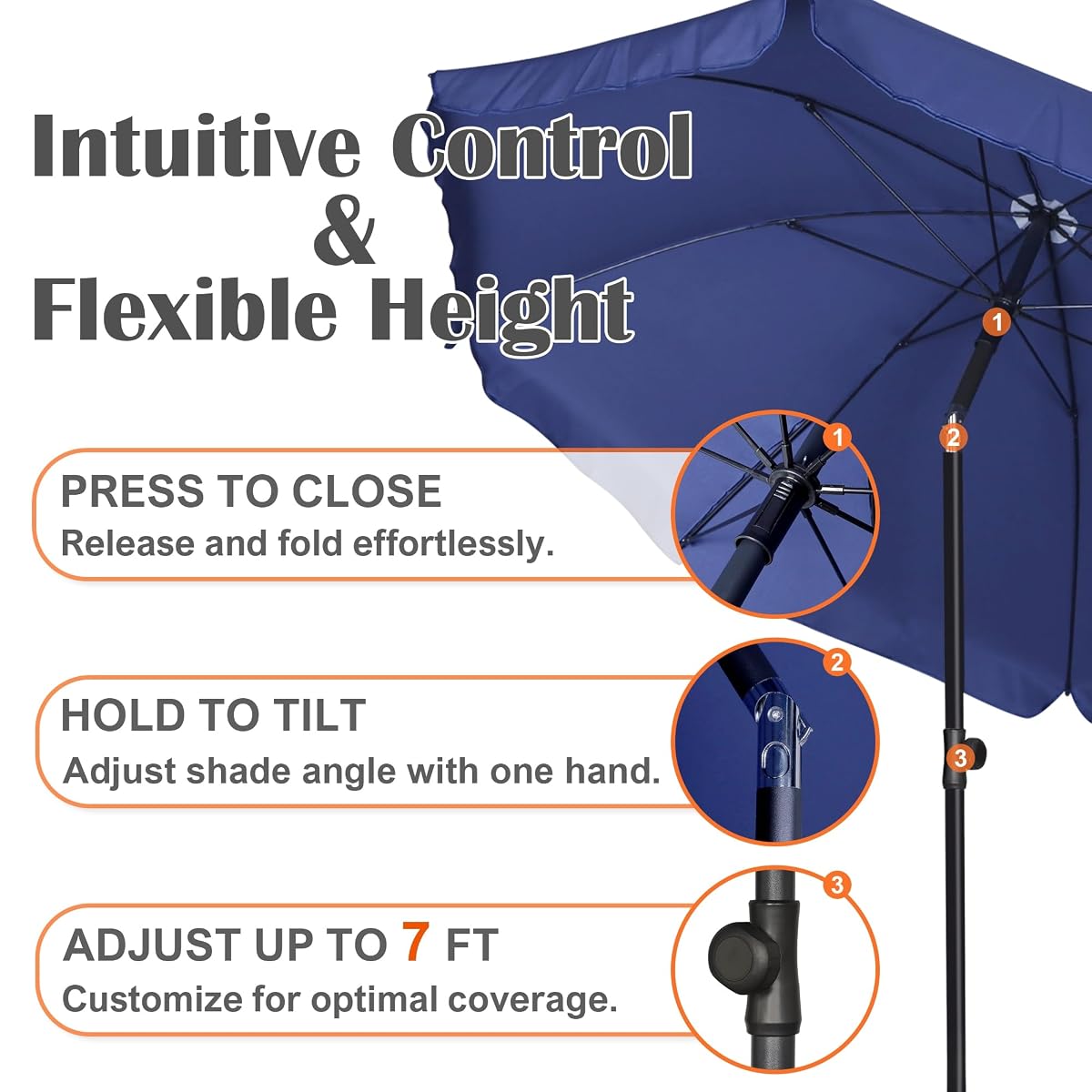 Blissun 6.5ft Patio Umbrella with Push Button Tilt & Height Adjustable, UV50+ Sun Protection with Sturdy Fiberglass Ribs & Iron Pole, Market Umbrella for Outdoor Table Garden Backyard Beach, Navy Blue - detail image 2