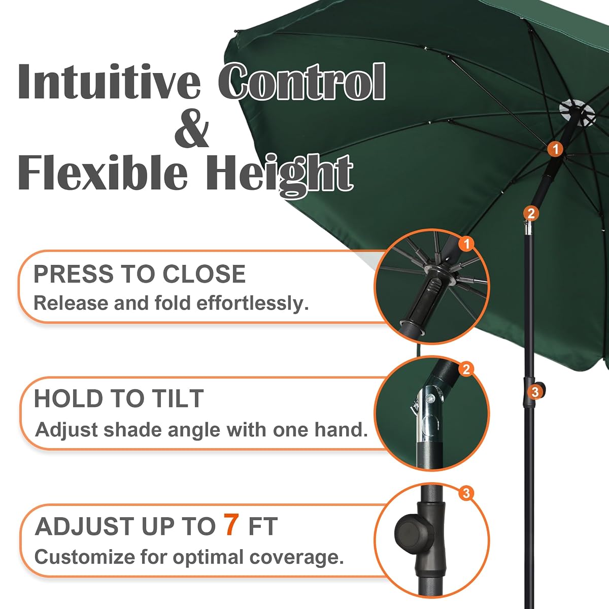 Blissun 6.5ft Patio Umbrella with Push Button Tilt & Height Adjustable, UV50+ Sun Protection with Sturdy Fiberglass Ribs & Iron Pole, Market Umbrella for Outdoor Table Garden Backyard Beach, Dark Green - detail image 2