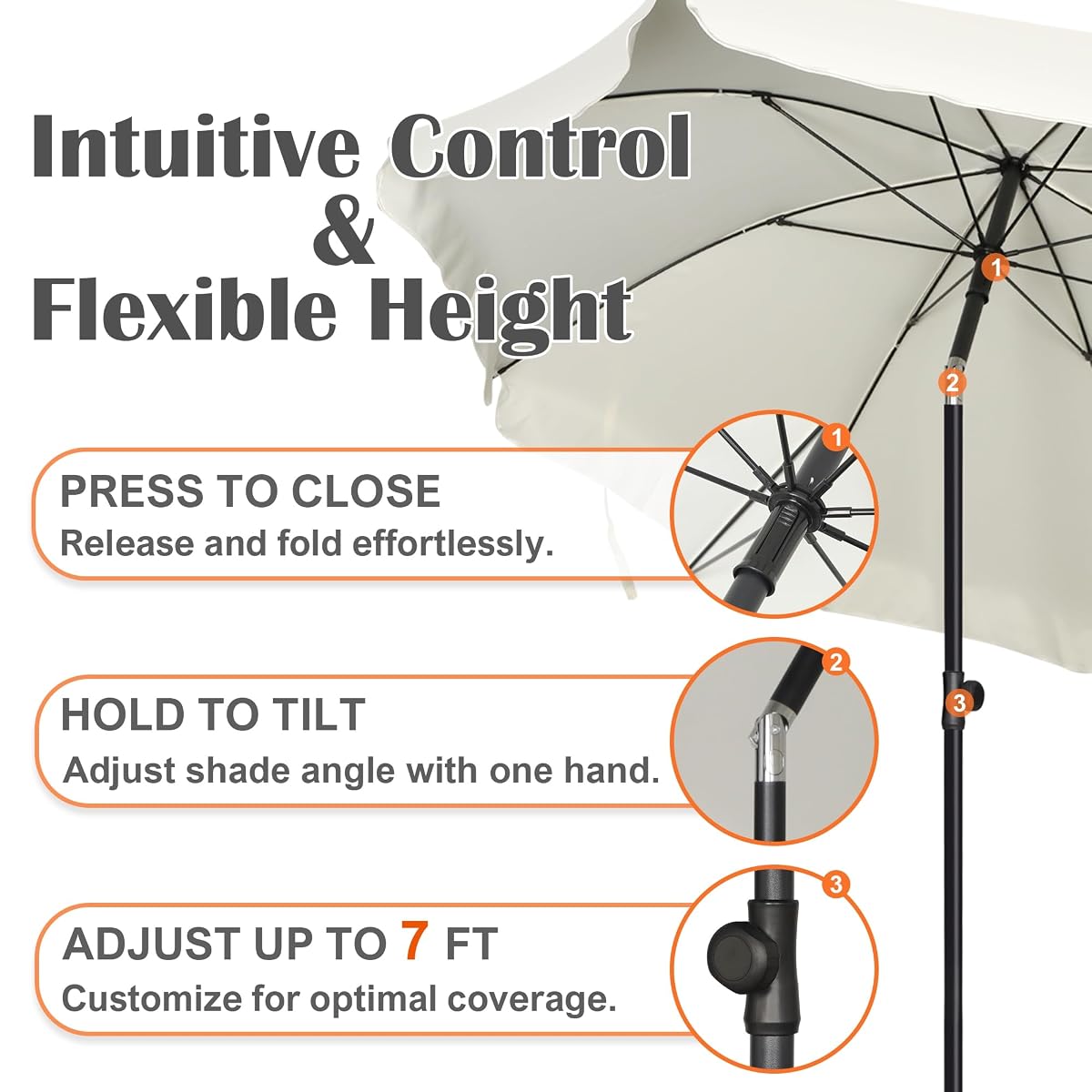 Blissun 6.5ft Patio Umbrella with Push Button Tilt & Height Adjustable, UV50+ Sun Protection with Sturdy Fiberglass Ribs & Iron Pole, Market Umbrella for Outdoor Table Garden Backyard Beach, Cream White - detail image 2