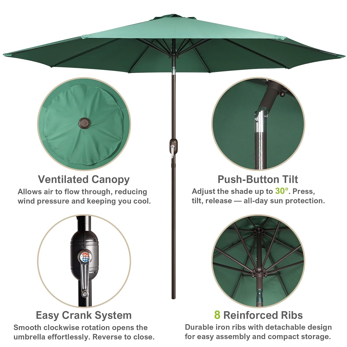 Blissun 10FT Patio Umbrella, Outdoor Table Umbrella, Yard Umbrella, Market Umbrella with 8 Sturdy Ribs, Push Button Tilt and Crank, Seaglass - detail image 1