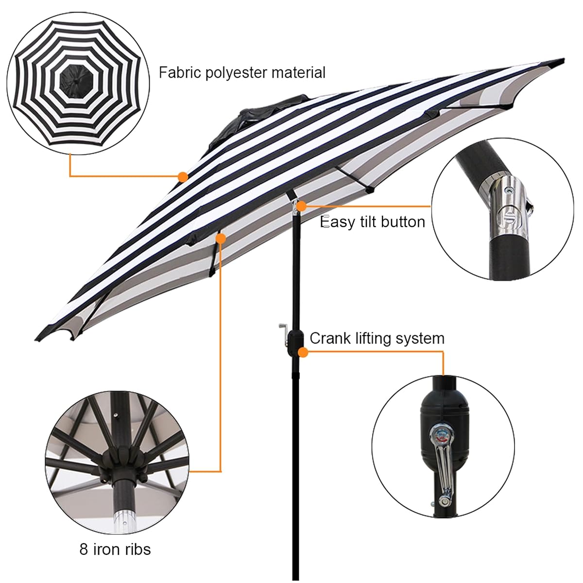 Blissun 9' Outdoor Patio Umbrella, Striped Patio Umbrella, Outdoor Table Umbrella, Market Umbrella with 8 Sturdy Ribs, Push Button Tilt and Crank (Black & White Stripe) - detail image 1