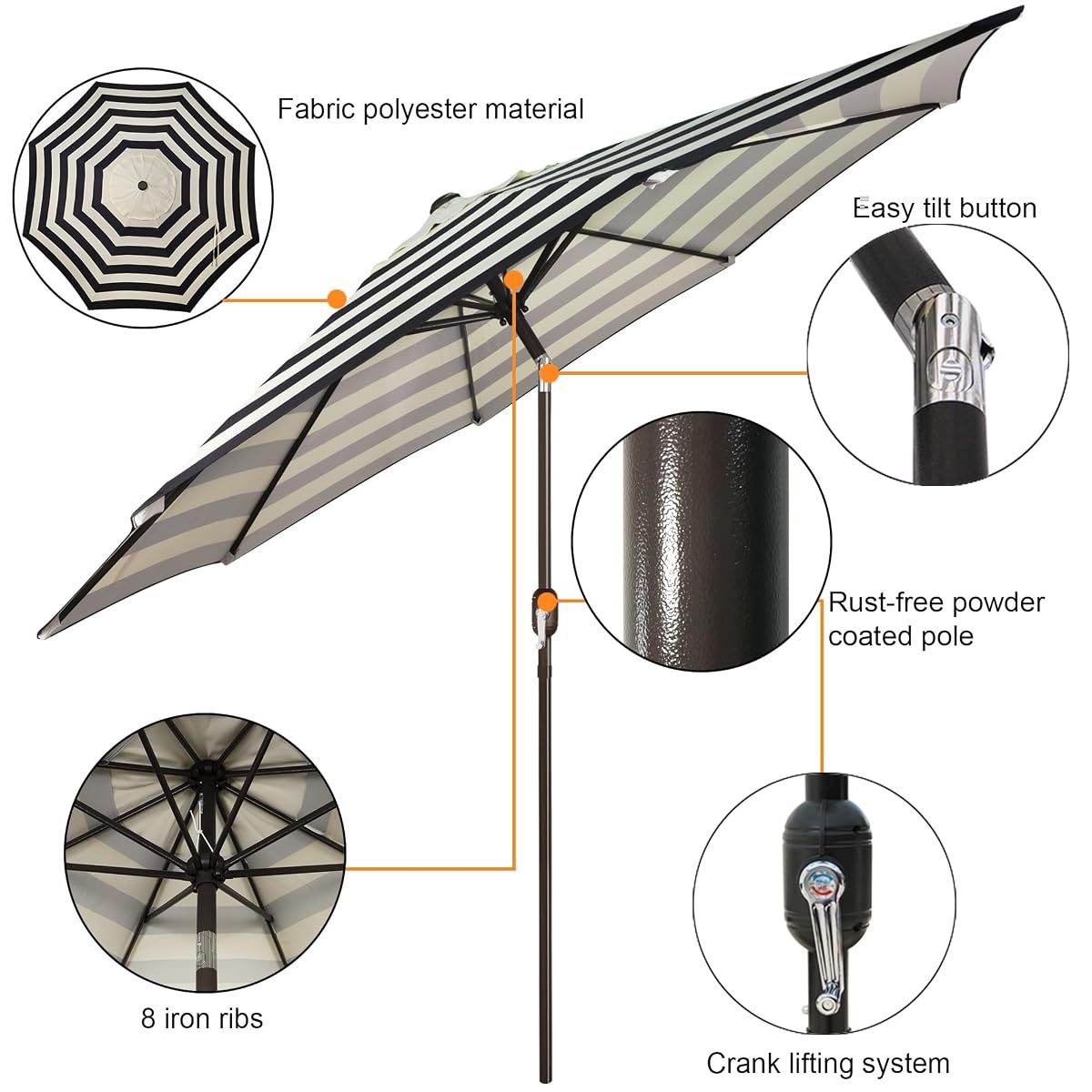 Blissun 9FT Patio Umbrella, Outdoor Table Umbrella, Yard Umbrella, Market Umbrella with 8 Sturdy Ribs, Push Button Tilt and Crank, Black & Ivory - detail image 1