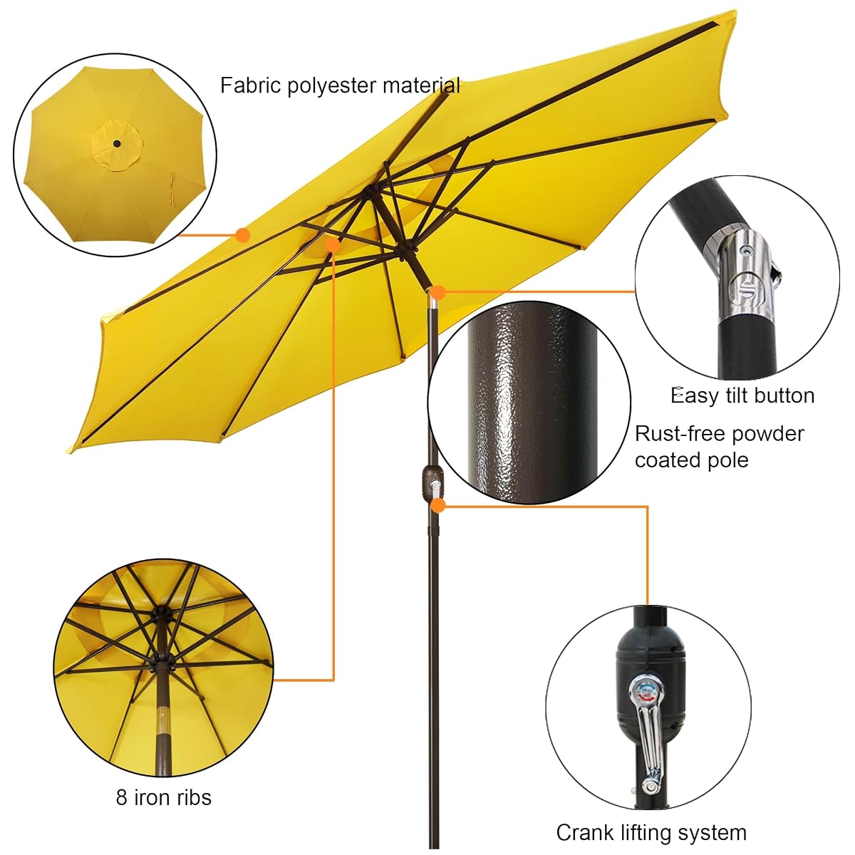 Blissun 9' Outdoor Patio Umbrella, Outdoor Table Umbrella, Yard Umbrella, Market Umbrella with 8 Sturdy Ribs, Push Button Tilt and Crank (Yellow) - detail image 1
