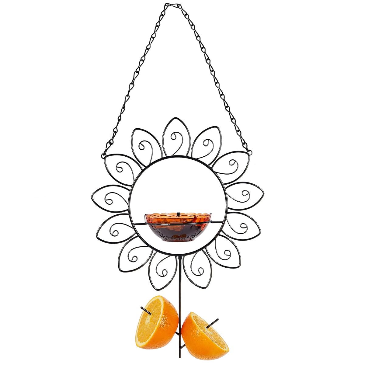 FORUP Oriole Bird Feeder for Outdoors Jelly and Oranges, Orange Fruit Oriole Jelly Bird Feeder, Outdoor Garden Metal Hanging Drinking Grape Jelly Container Hummingbird Feeder, Flower Shape - imagen de detalle 5