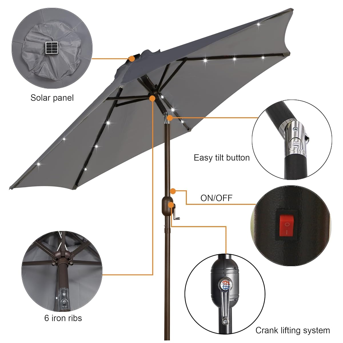 Blissun 7.5 ft Solar Umbrella 18 LED Lighted Patio Umbrella Table Market Umbrella, Dark Grey - detail image 1