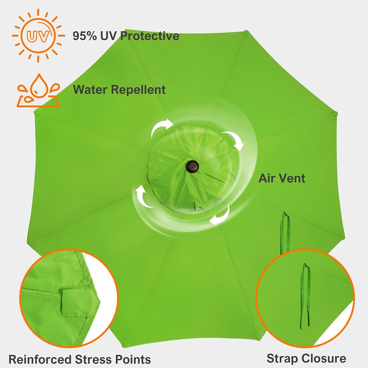 Blissun 9ft Patio Umbrella Replacement Canopy, Market Umbrella Top, Outdoor Table Umbrella Canopy for 8 Ribs, Canopy Only (Lime) - detail image 3