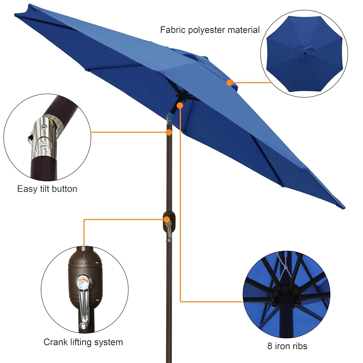 Blissun 9' Outdoor Patio Umbrella, Outdoor Table Umbrella, Yard Umbrella, Market Umbrella with 8 Sturdy Ribs, Push Button Tilt and Crank (Navy Blue) - detail image 1
