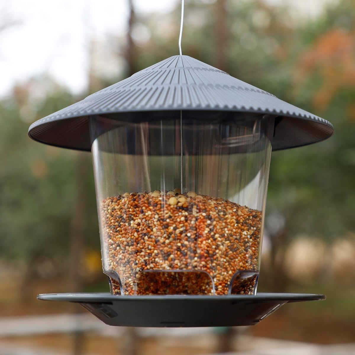 FORUP Panorama Bird Feeder, Hanging Wild Bird Feeder with Round Shaped Roof, Gazebo Bird Feeder for Outside Garden Yard Decoration, Grey - detail image 4