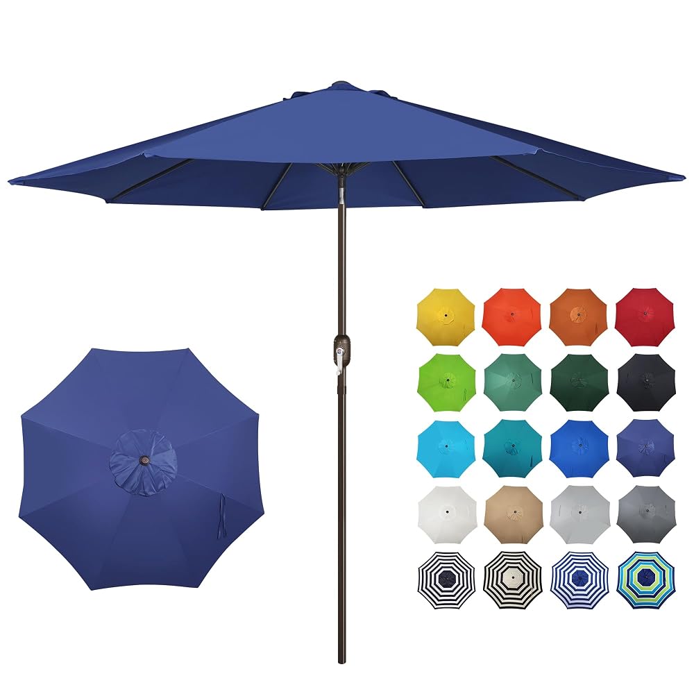 Blissun 10FT Patio Umbrella, Outdoor Table Umbrella, Yard Umbrella, Market Umbrella with 8 Sturdy Ribs, Push Button Tilt and Crank, Navy Blue