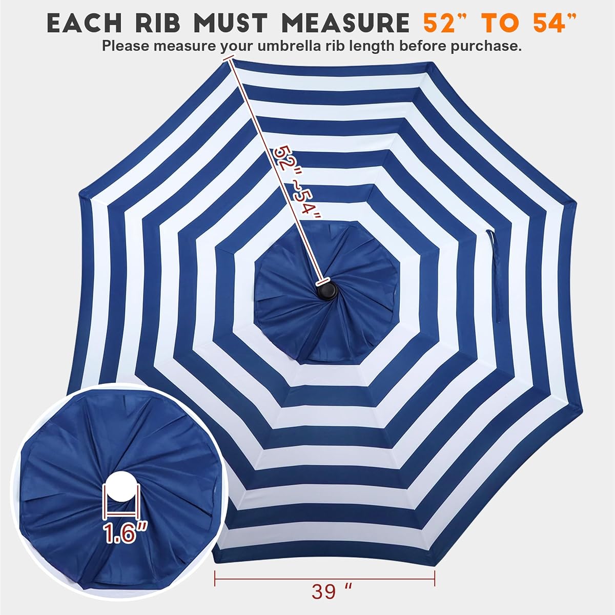 Blissun 9ft Patio Umbrella Replacement Canopy, Market Umbrella Top, Outdoor Table Umbrella Canopy for 8 Ribs, Canopy Only (Blue & White Stripe) - detail image 1