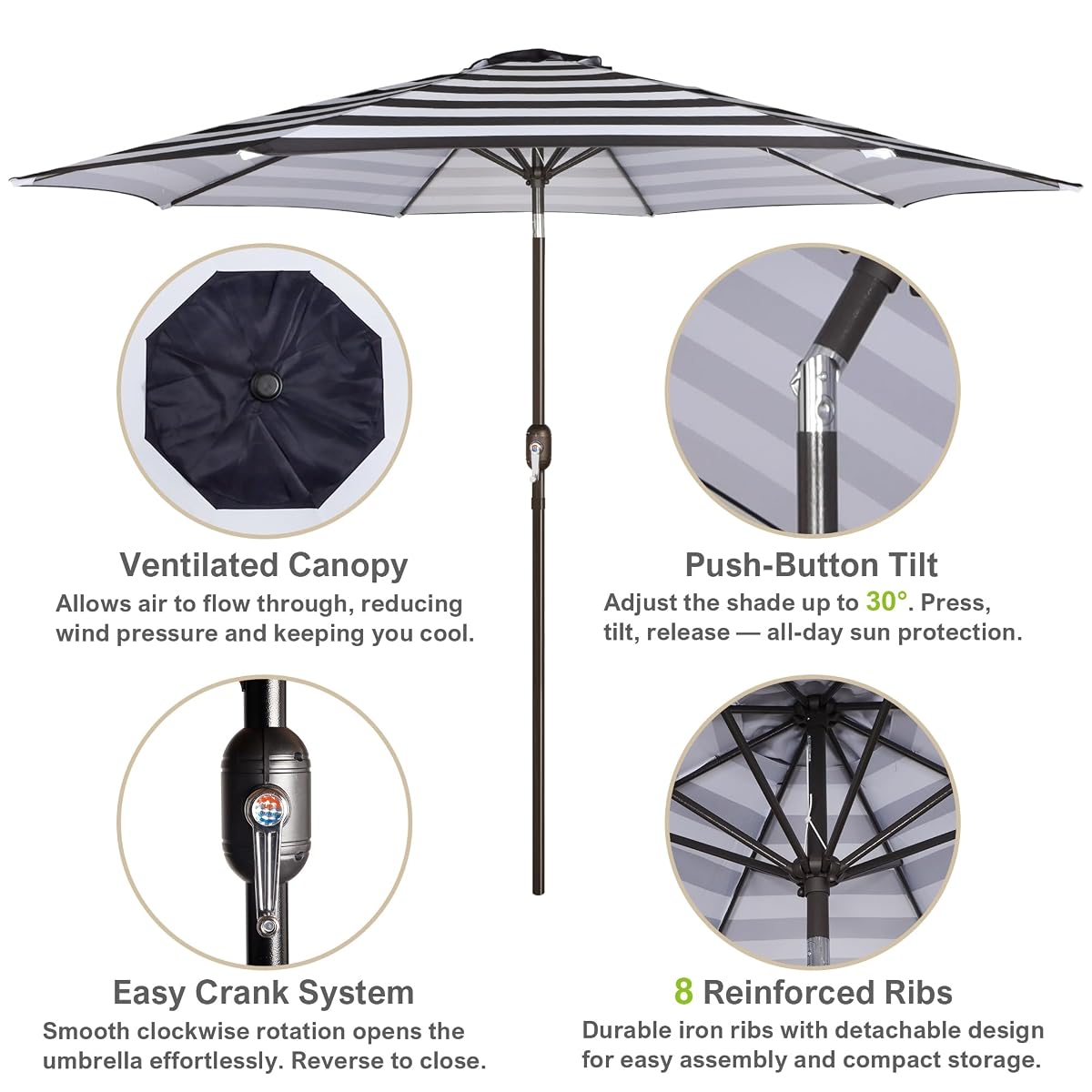 Blissun 10FT Patio Umbrella, Outdoor Table Umbrella, Yard Umbrella, Market Umbrella with 8 Sturdy Ribs, Push Button Tilt and Crank, Black & White Stripe - detail image 1