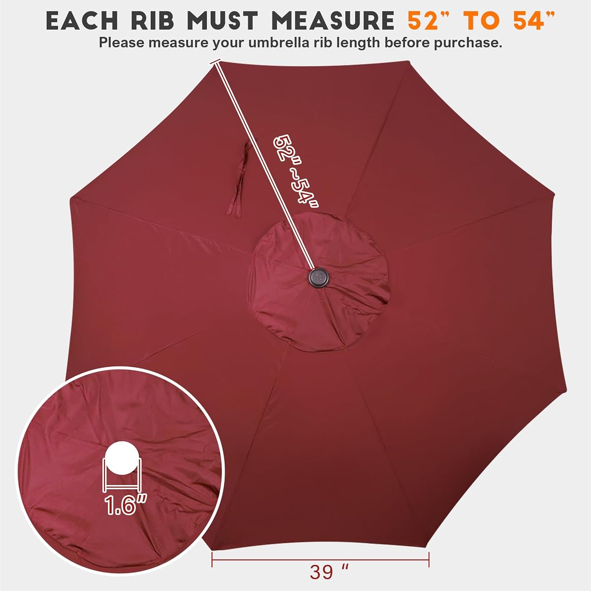 Blissun 9ft Patio Umbrella Replacement Canopy, Market Umbrella Top, Outdoor Table Umbrella Canopy for 8 Ribs, Canopy Only (Burgundy) - detail image 1