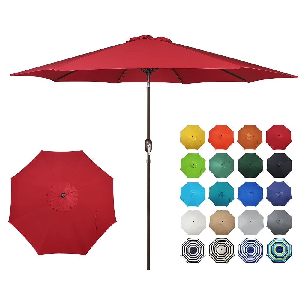 Blissun 10FT Patio Umbrella, Outdoor Table Umbrella, Yard Umbrella, Market Umbrella with 8 Sturdy Ribs, Push Button Tilt and Crank, Red