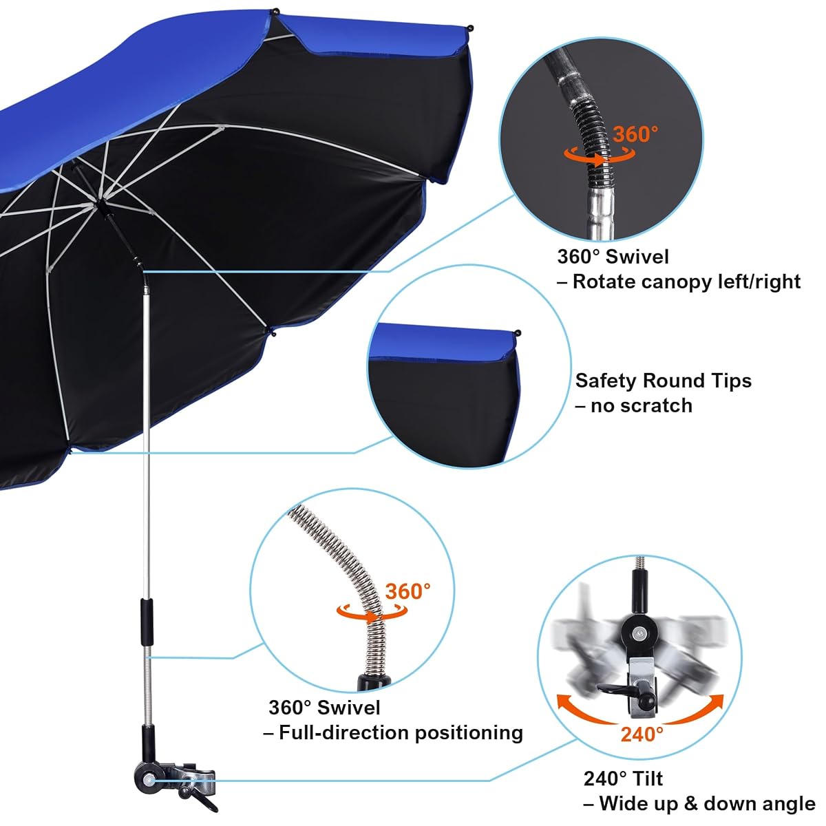 Blissun 2 Pack Chair Umbrella with Clamp, Adjustable Umbrellas for Chair, UPF50+ Sun Shade Umbrella for Beach Chair, Wheelchair, Camping Chair, Patio Chair, Golf Carts, Royal Blue - detail image 3