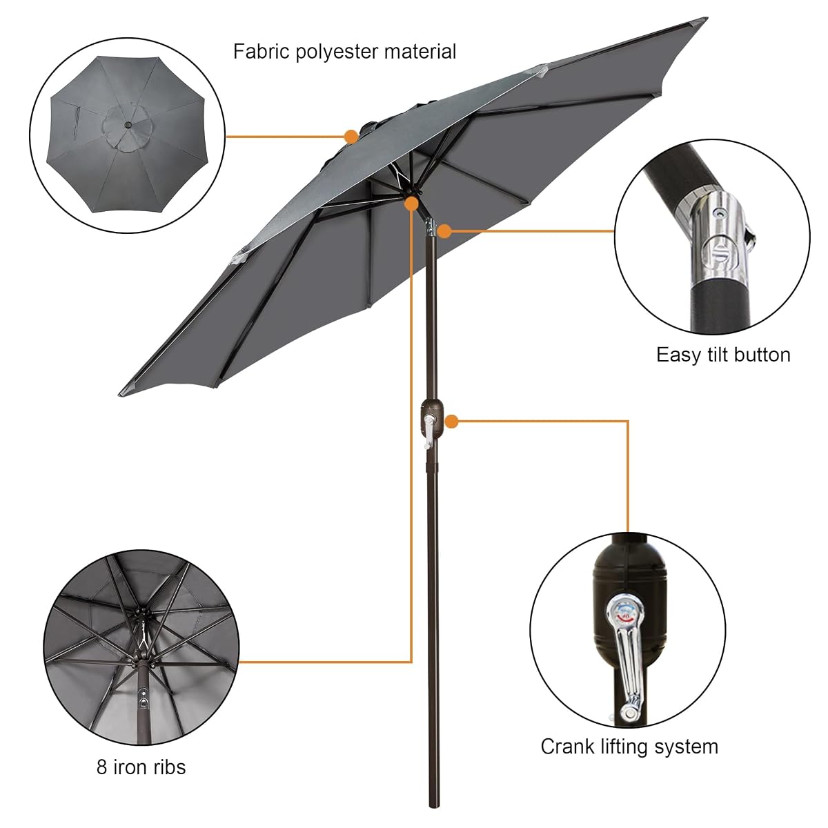 Blissun 9' Outdoor Patio Umbrella, Outdoor Table Umbrella, Yard Umbrella, Market Umbrella with 8 Sturdy Ribs, Push Button Tilt and Crank, Dark Grey - detail image 1