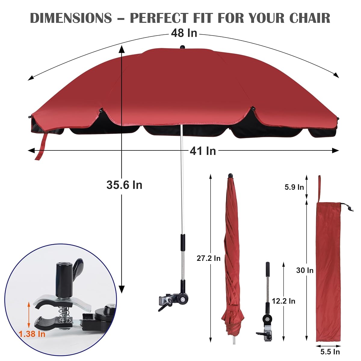 Blissun 2 Pack Chair Umbrella with Clamp, Adjustable Umbrellas for Chair, UPF50+ Sun Shade Umbrella for Beach Chair, Wheelchair, Camping Chair, Patio Chair, Golf Carts, Pomegranate Red - detail image 1