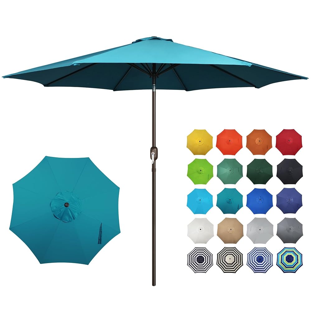 Blissun 10FT Patio Umbrella, Outdoor Table Umbrella, Yard Umbrella, Market Umbrella with 8 Sturdy Ribs, Push Button Tilt and Crank, Cerulean