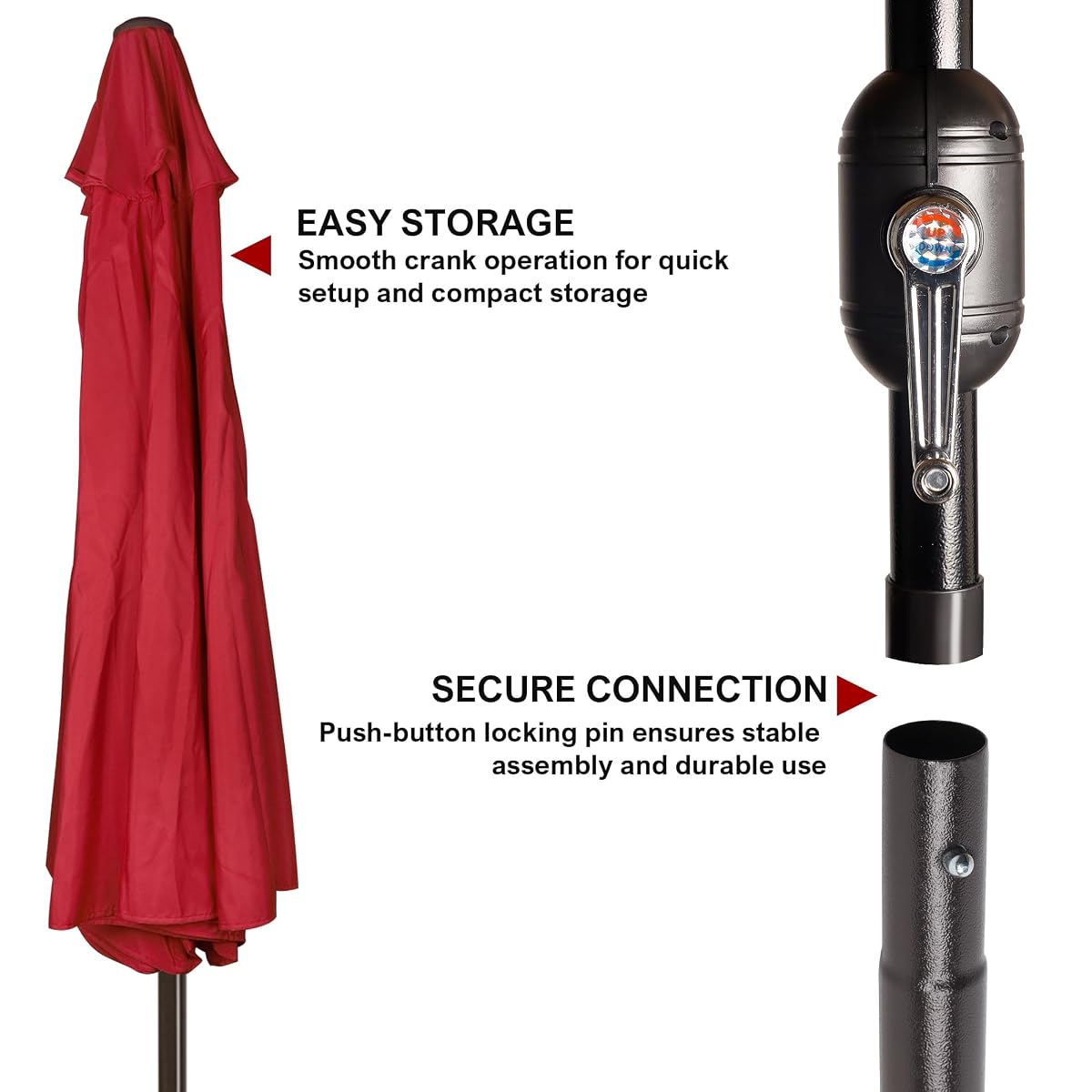 Blissun 9' Outdoor Patio Umbrella, Outdoor Table Umbrella, Yard Umbrella, Market Umbrella with 8 Sturdy Ribs, Push Button Tilt and Crank (Red) - detail image 5