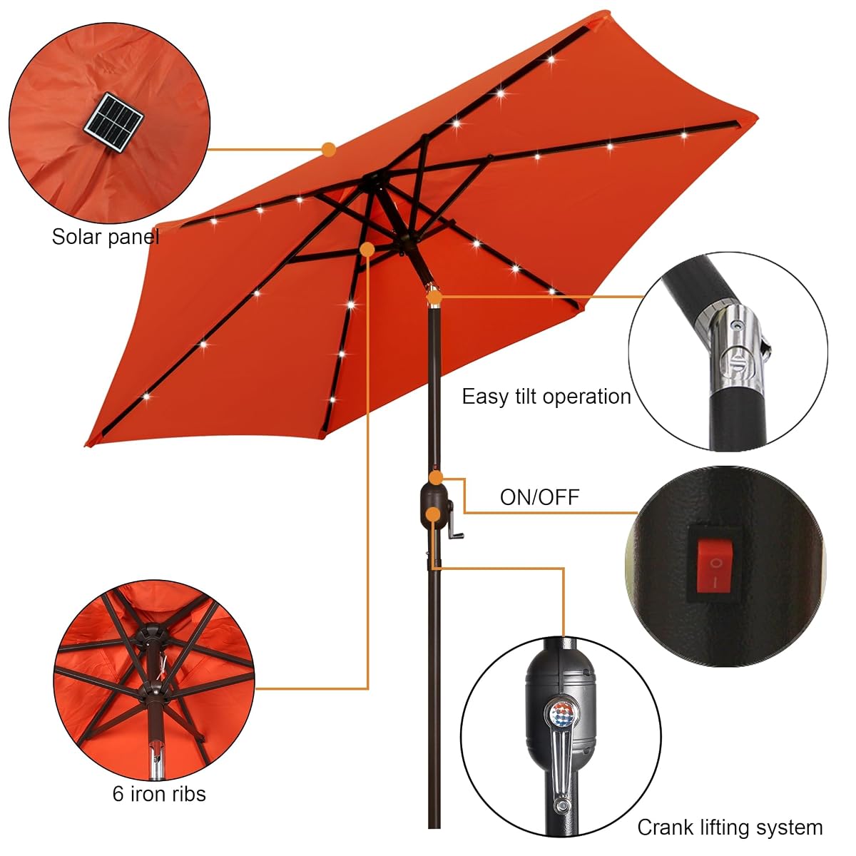 Blissun 7.5 ft Solar Umbrella 18 LED Lighted Patio Umbrella Table Market Umbrella, Orange - detail image 1