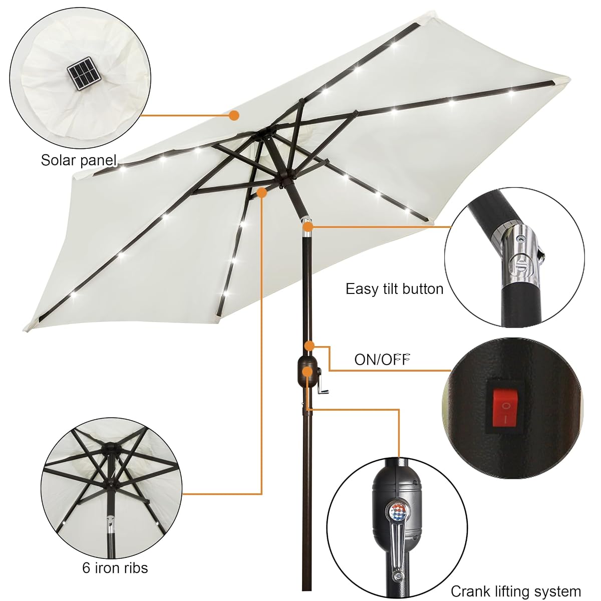 Blissun 7.5 ft Solar Umbrella 18 LED Lighted Patio Umbrella Table Market Umbrella with Tilt and Crank Outdoor Umbrella for Garden, Deck, Backyard, Pool and Beach (Creamy White) - detail image 1