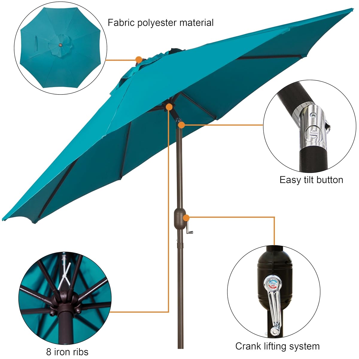 Blissun 9' Outdoor Patio Umbrella, Outdoor Table Umbrella, Yard Umbrella, Market Umbrella with 8 Sturdy Ribs, Push Button Tilt and Crank (Cerulean) - detail image 2