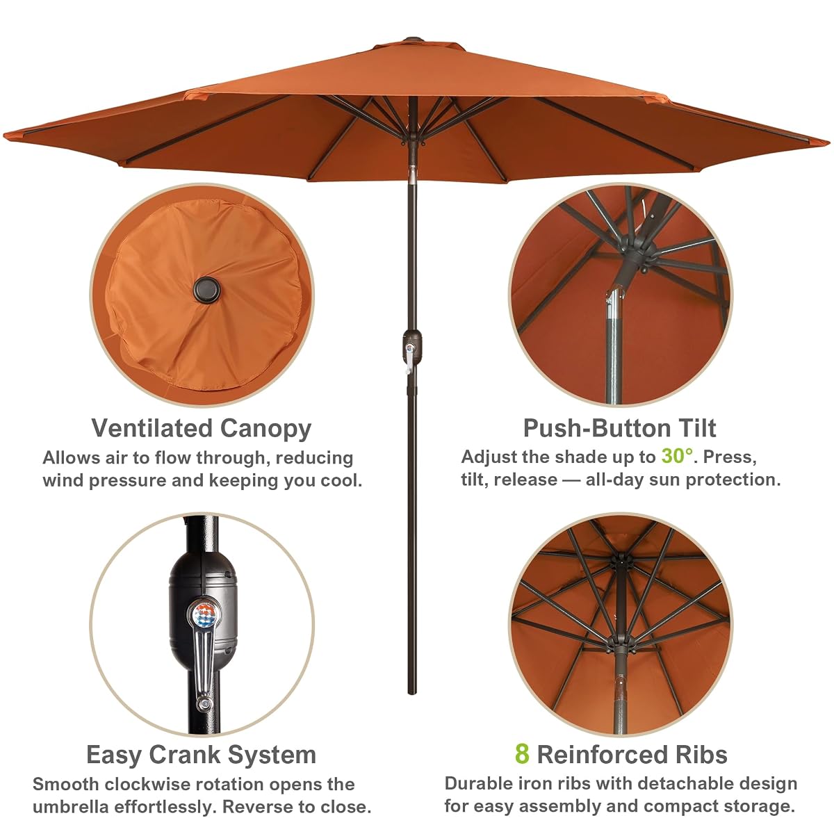 Blissun 10FT Patio Umbrella, Outdoor Table Umbrella, Yard Umbrella, Market Umbrella with 8 Sturdy Ribs, Push Button Tilt and Crank, Rust - detail image 1
