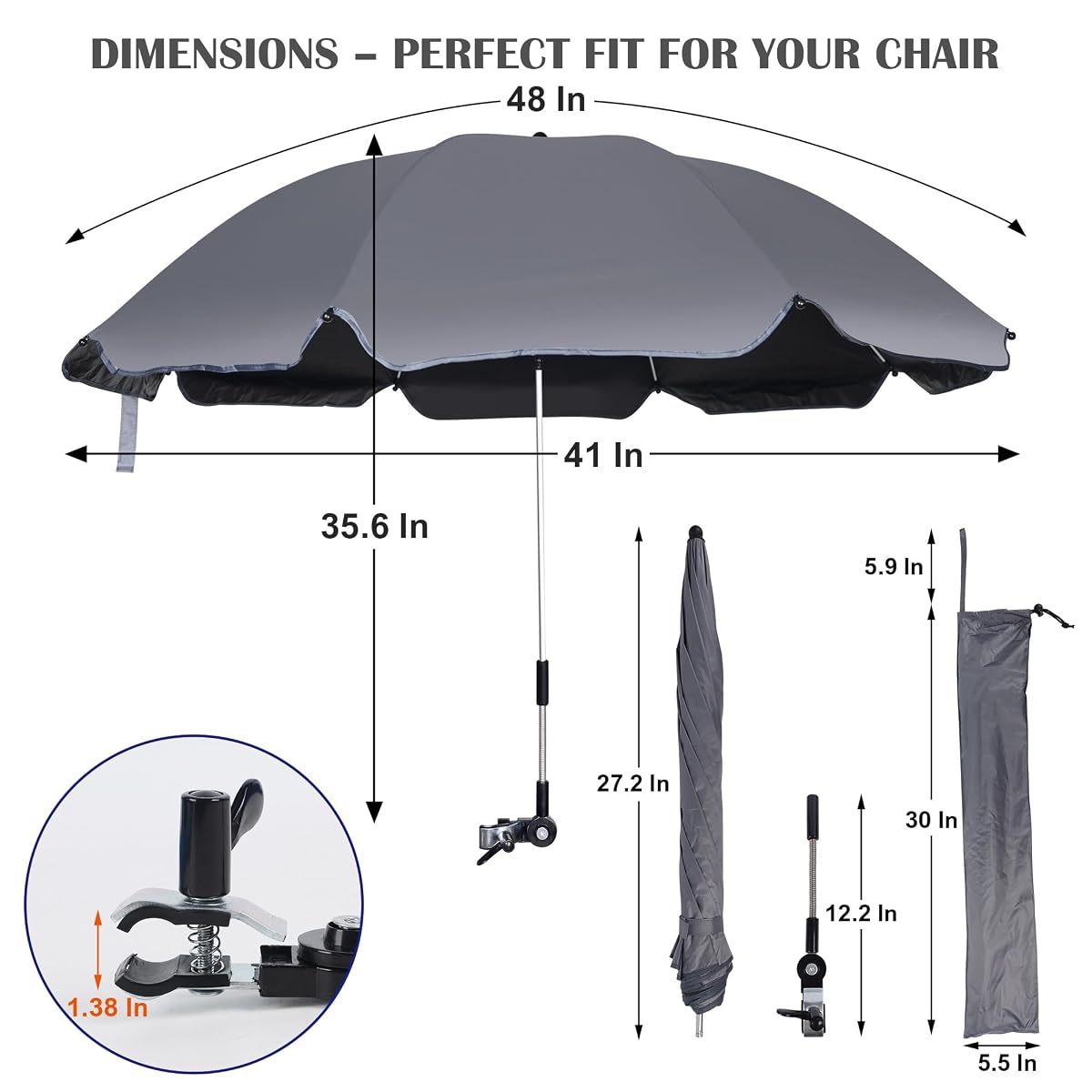 Blissun 2 Pack Chair Umbrella with Clamp, Adjustable Umbrellas for Chair, UPF50+ Sun Shade Umbrella for Beach Chair, Wheelchair, Camping Chair, Patio Chair, Golf Carts, Dark Grey - detail image 1