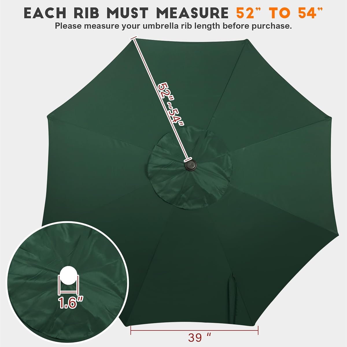 Blissun 9ft Patio Umbrella Replacement Canopy, Market Umbrella Top, Outdoor Table Umbrella Canopy for 8 Ribs, Canopy Only (Dark Green) - detail image 1