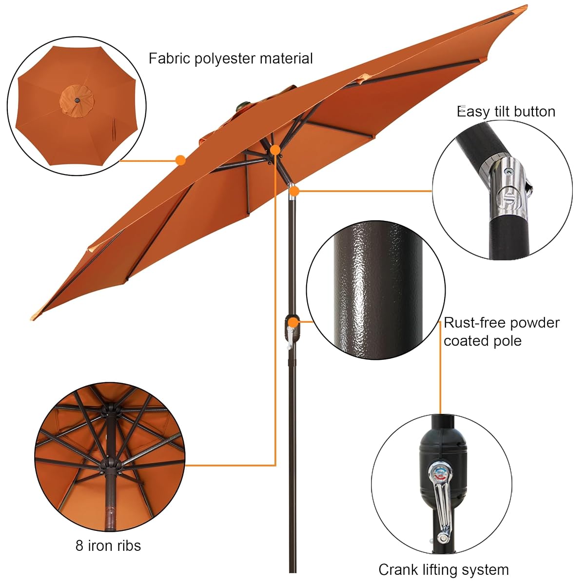 Blissun 9FT Patio Umbrella, Outdoor Table Umbrella, Yard Umbrella, Market Umbrella with 8 Sturdy Ribs, Push Button Tilt and Crank, Rust - detail image 1