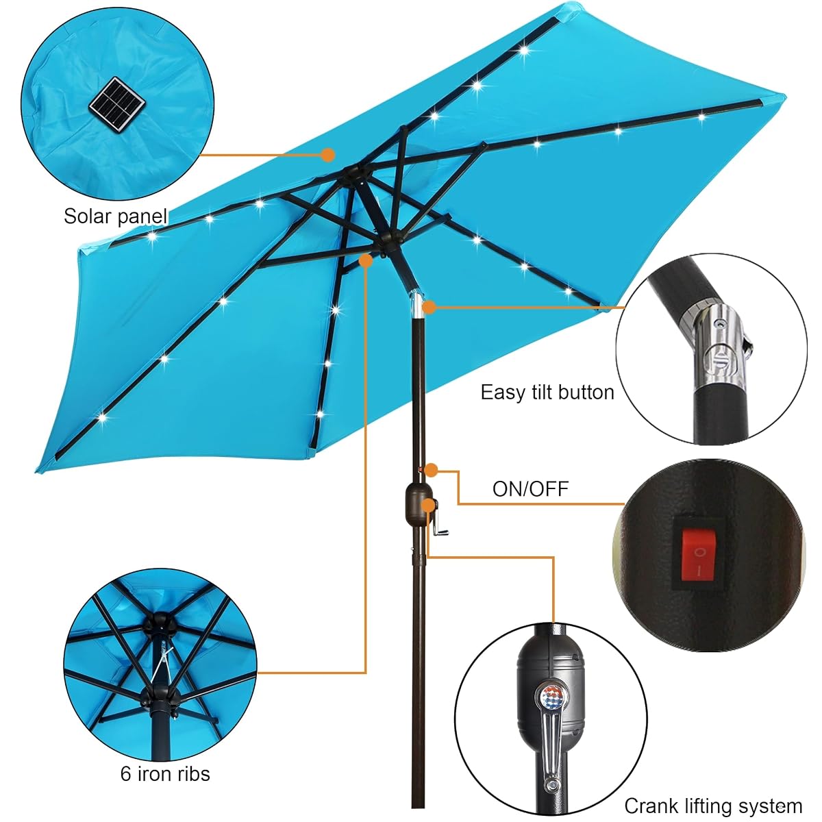 Blissun 7.5 ft Solar Umbrella 18 LED Lighted Patio Umbrella Table Market Umbrella, Light Blue - detail image 1