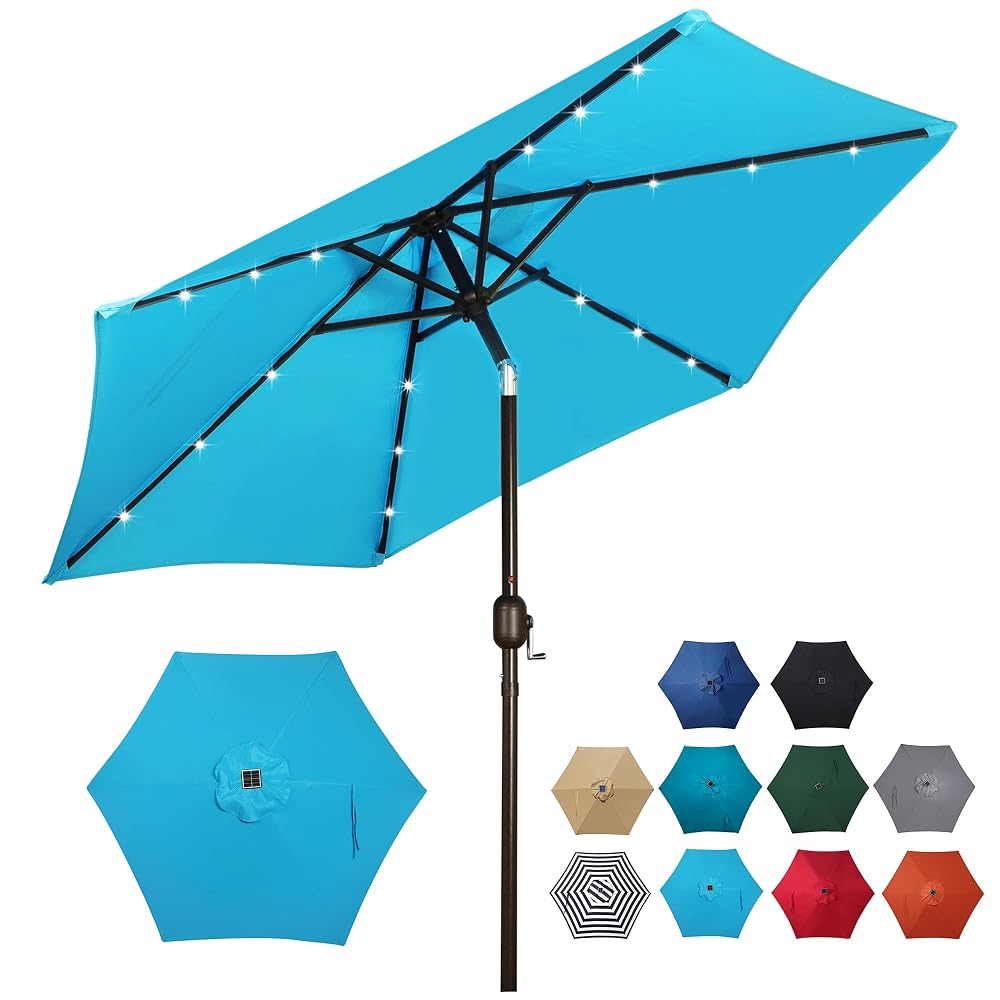 Blissun 7.5 ft Solar Umbrella 18 LED Lighted Patio Umbrella Table Market Umbrella, Light Blue
