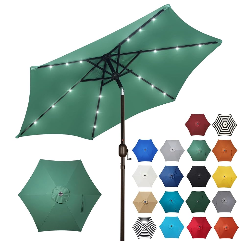 Blissun 7.5 ft Solar Umbrella, 18 LED Lighted Patio Umbrella, Table Market Umbrella, Seaglass