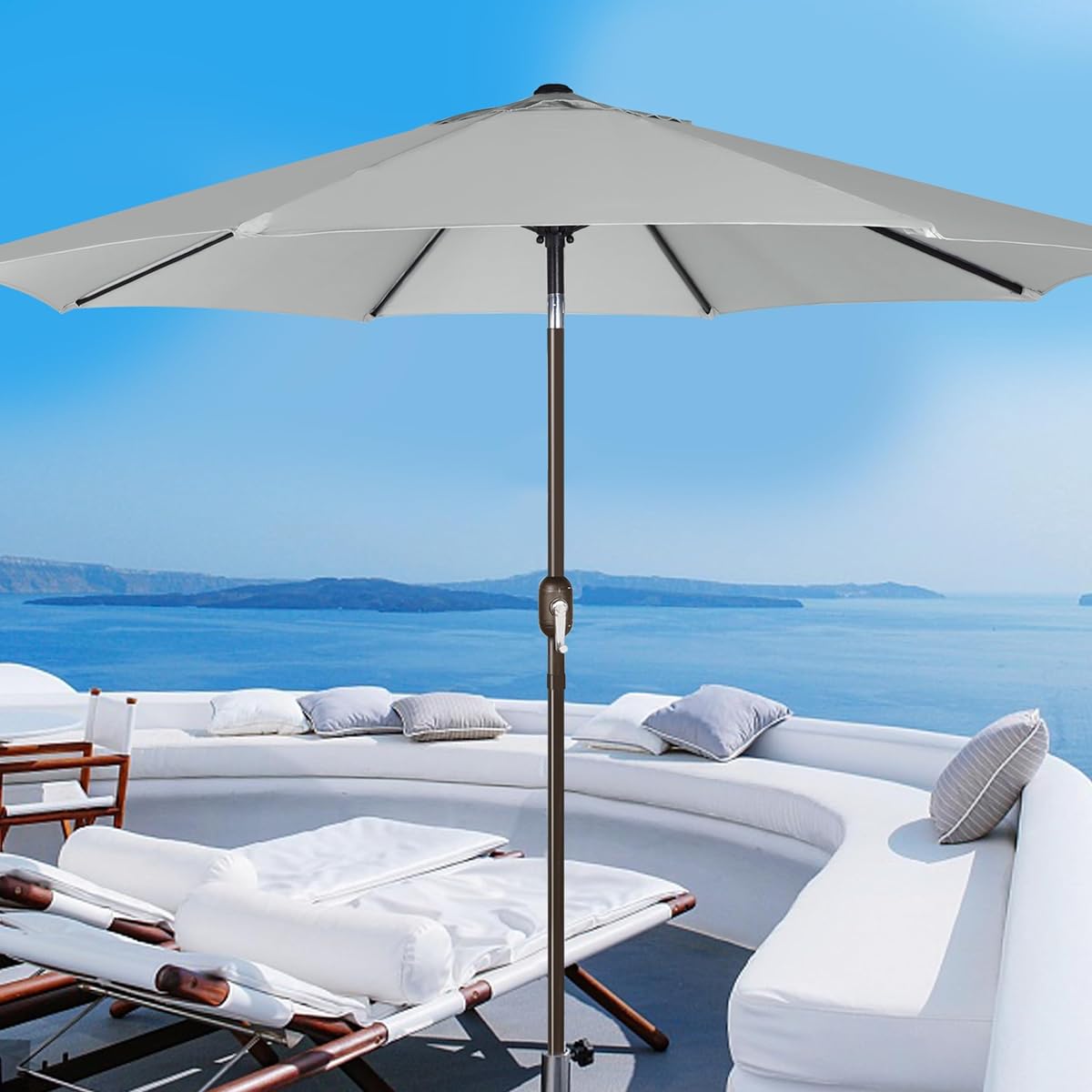 Blissun 9' Outdoor Patio Umbrella, Outdoor Table Umbrella, Yard Umbrella, Market Umbrella with 8 Sturdy Ribs, Push Button Tilt and Crank (Grey) - detail image 3