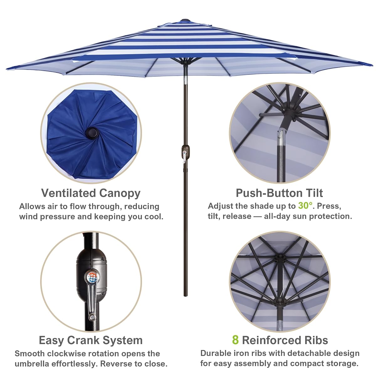 Blissun 10FT Patio Umbrella, Outdoor Table Umbrella, Yard Umbrella, Market Umbrella with 8 Sturdy Ribs, Push Button Tilt and Crank, Blue & White - detail image 1