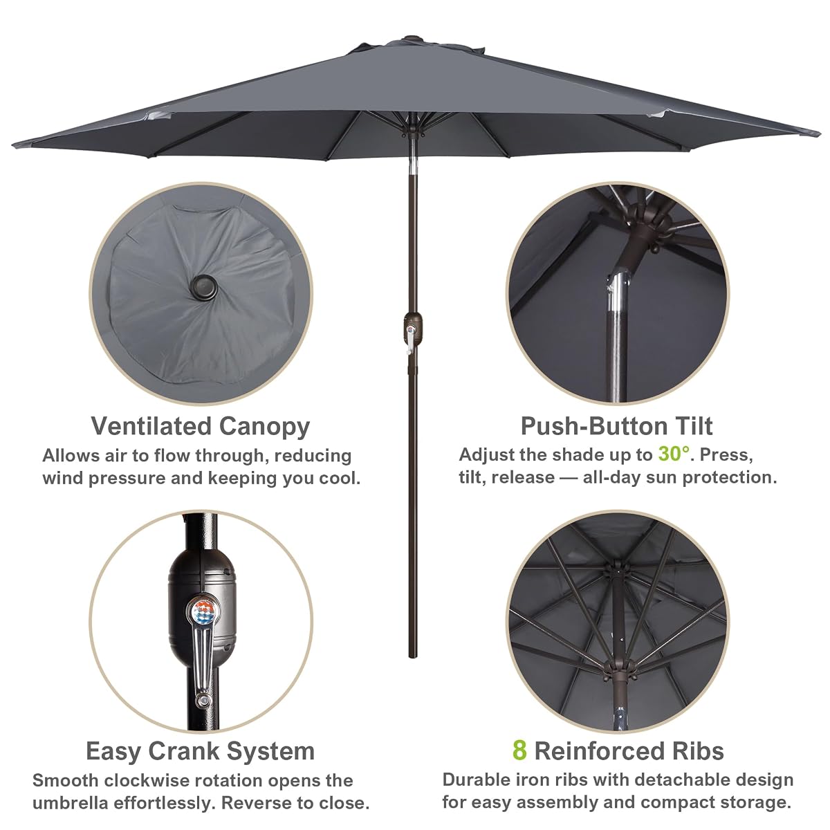 Blissun 10FT Patio Umbrella, Outdoor Table Umbrella, Yard Umbrella, Market Umbrella with 8 Sturdy Ribs, Push Button Tilt and Crank, Dark Grey - detail image 1