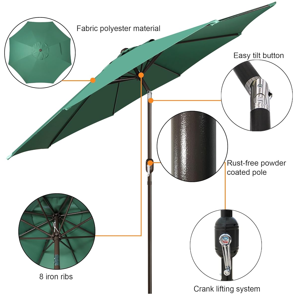 Blissun 9FT Patio Umbrella, Outdoor Table Umbrella, Yard Umbrella, Market Umbrella with 8 Sturdy Ribs, Push Button Tilt and Crank, Seaglass - detail image 1