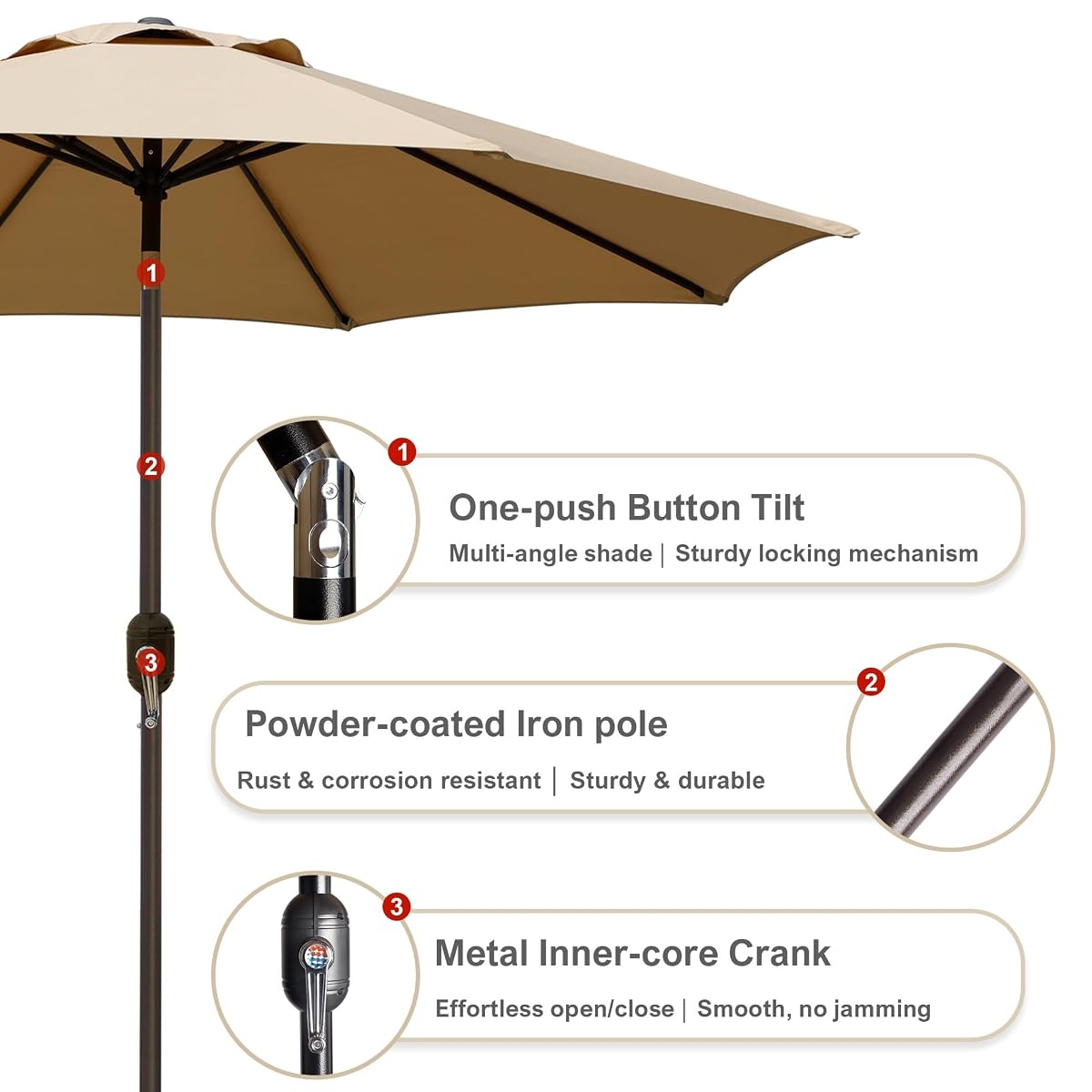 Blissun 9' Outdoor Patio Umbrella, Outdoor Table Umbrella, Yard Umbrella, Market Umbrella with 8 Sturdy Ribs, Push Button Tilt and Crank (Tan) - detail image 4