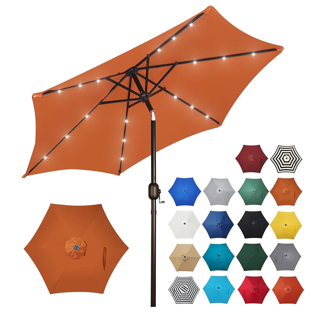 Blissun 7.5 ft Solar Umbrella, 18 LED Lighted Patio Umbrella, Table Market Umbrella, Rust