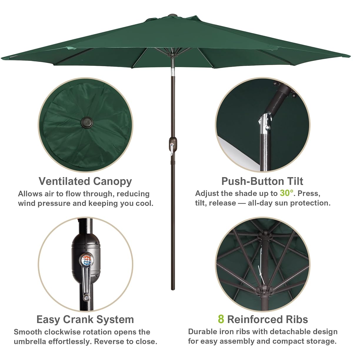 Blissun 10FT Patio Umbrella, Outdoor Table Umbrella, Yard Umbrella, Market Umbrella with 8 Sturdy Ribs, Push Button Tilt and Crank, Dark Green - detail image 1