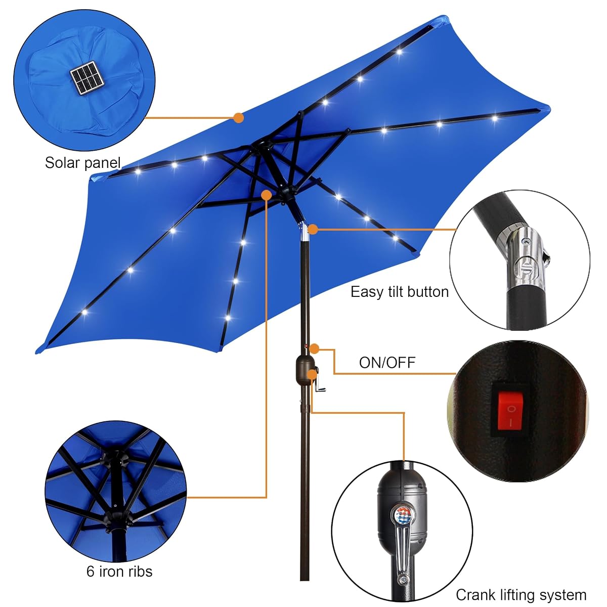 Blissun 7.5 ft Solar Umbrella, 18 LED Lighted Patio Umbrella, Table Market Umbrella, Royal Blue - detail image 1