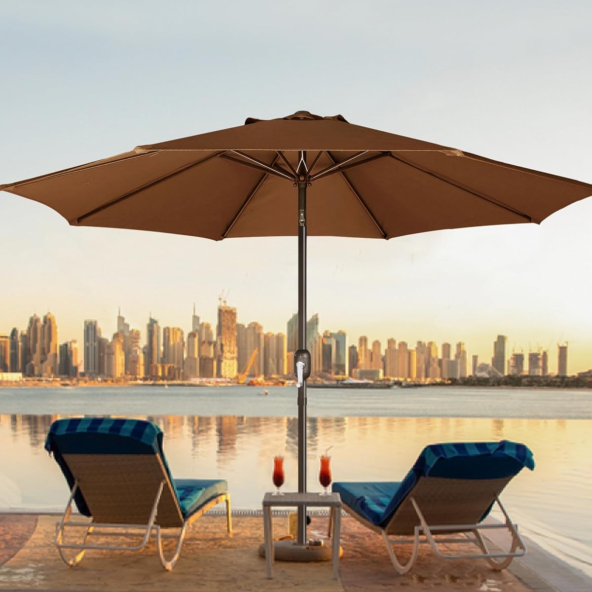 Blissun 9' Outdoor Patio Umbrella, Outdoor Table Umbrella, Yard Umbrella, Market Umbrella with 8 Sturdy Ribs, Push Button Tilt and Crank, Brown - detail image 6