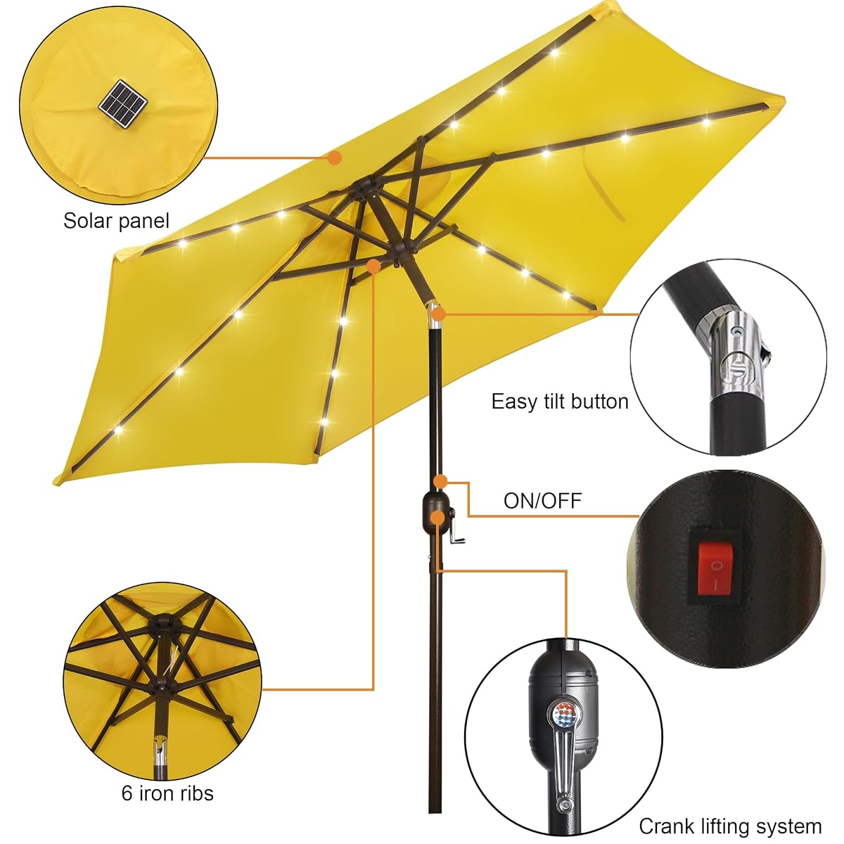 Blissun 7.5 ft Solar Umbrella 18 LED Lighted Patio Umbrella Table Market Umbrella with Tilt and Crank Outdoor Umbrella for Garden, Deck, Backyard, Pool and Beach (Yellow) - detail image 1