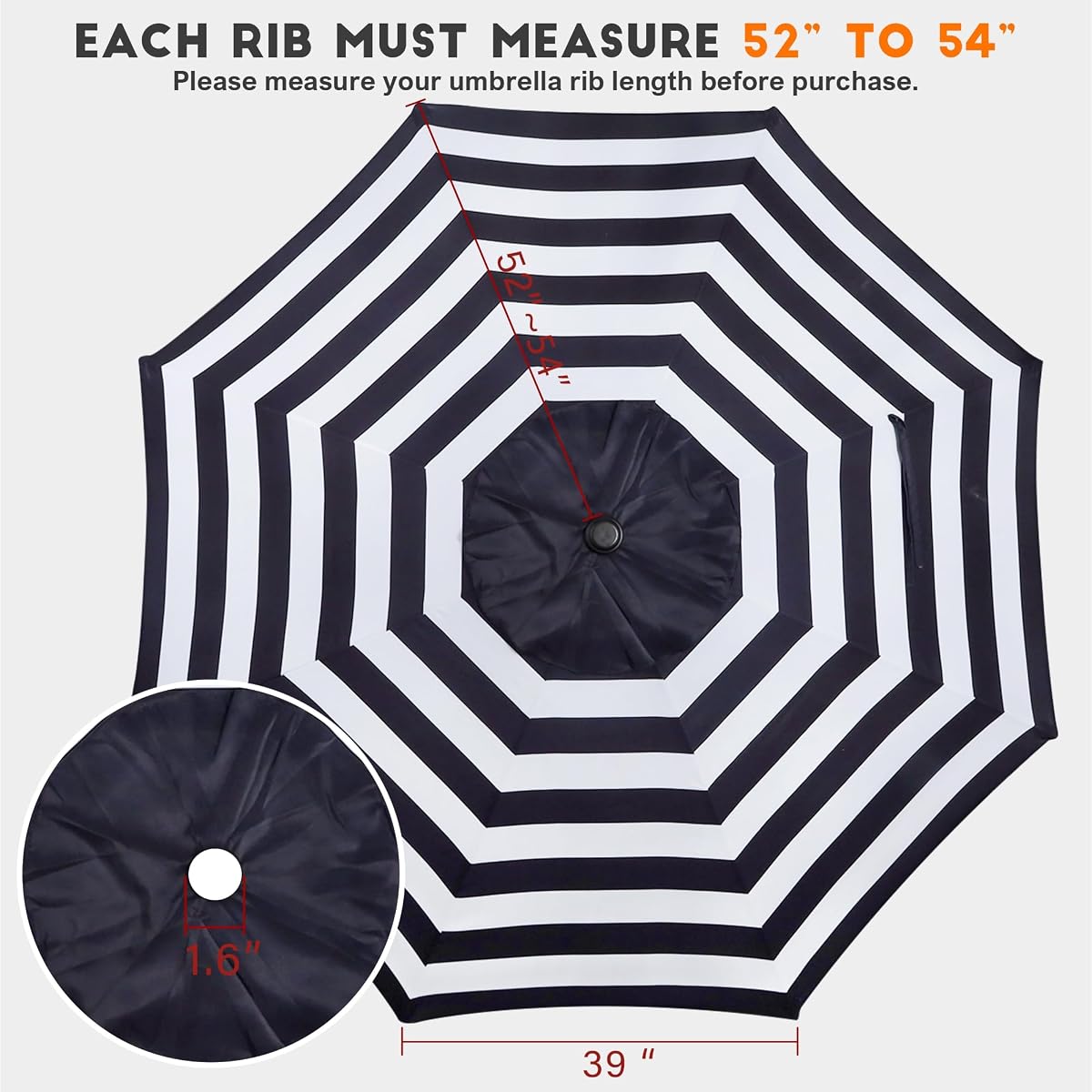 Blissun 9ft Patio Umbrella Replacement Canopy, Market Umbrella Top, Outdoor Table Umbrella Canopy for 8 Ribs, Canopy Only (Black & White Stripe) - detail image 2