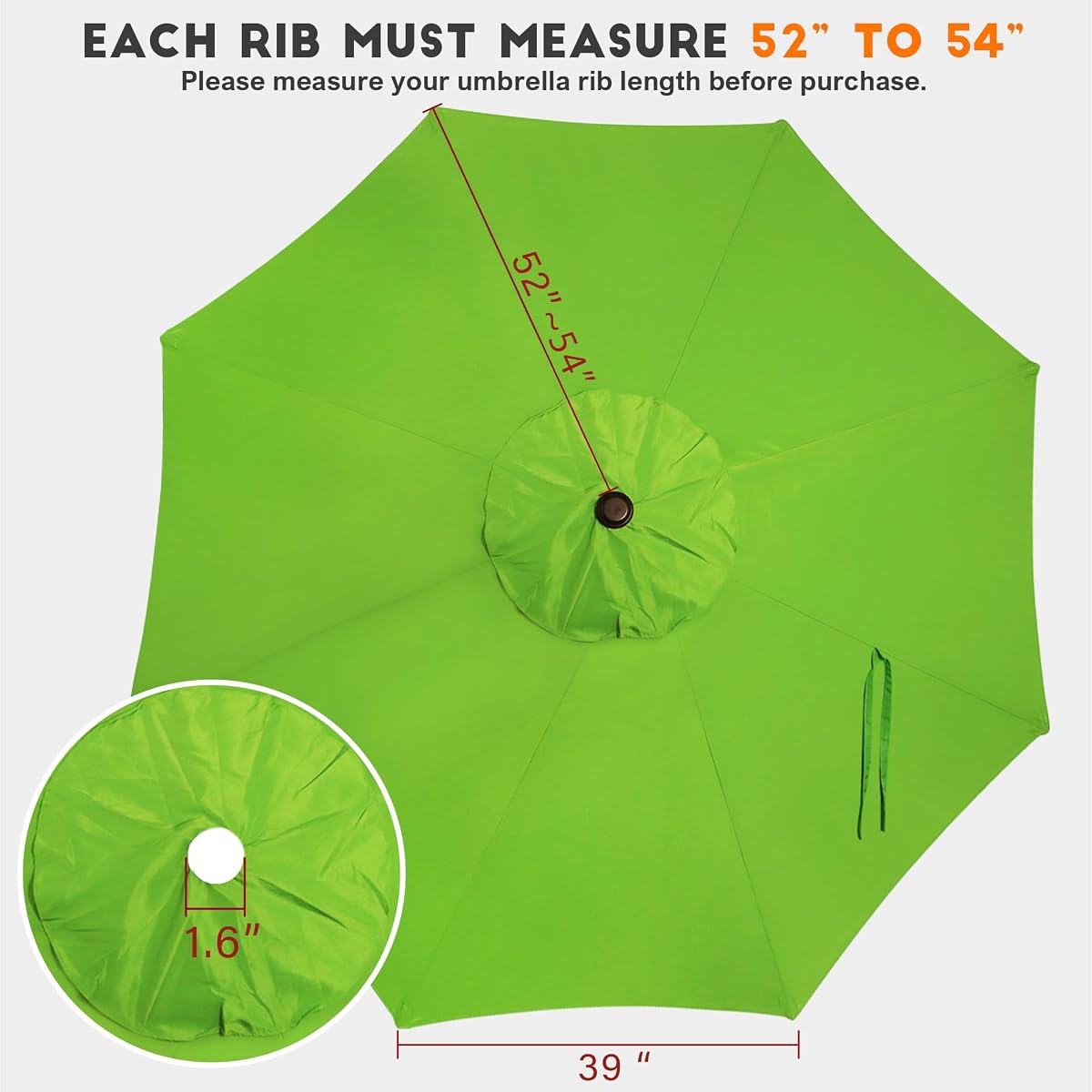 Blissun 9ft Patio Umbrella Replacement Canopy, Market Umbrella Top, Outdoor Table Umbrella Canopy for 8 Ribs, Canopy Only (Lime) - detail image 1