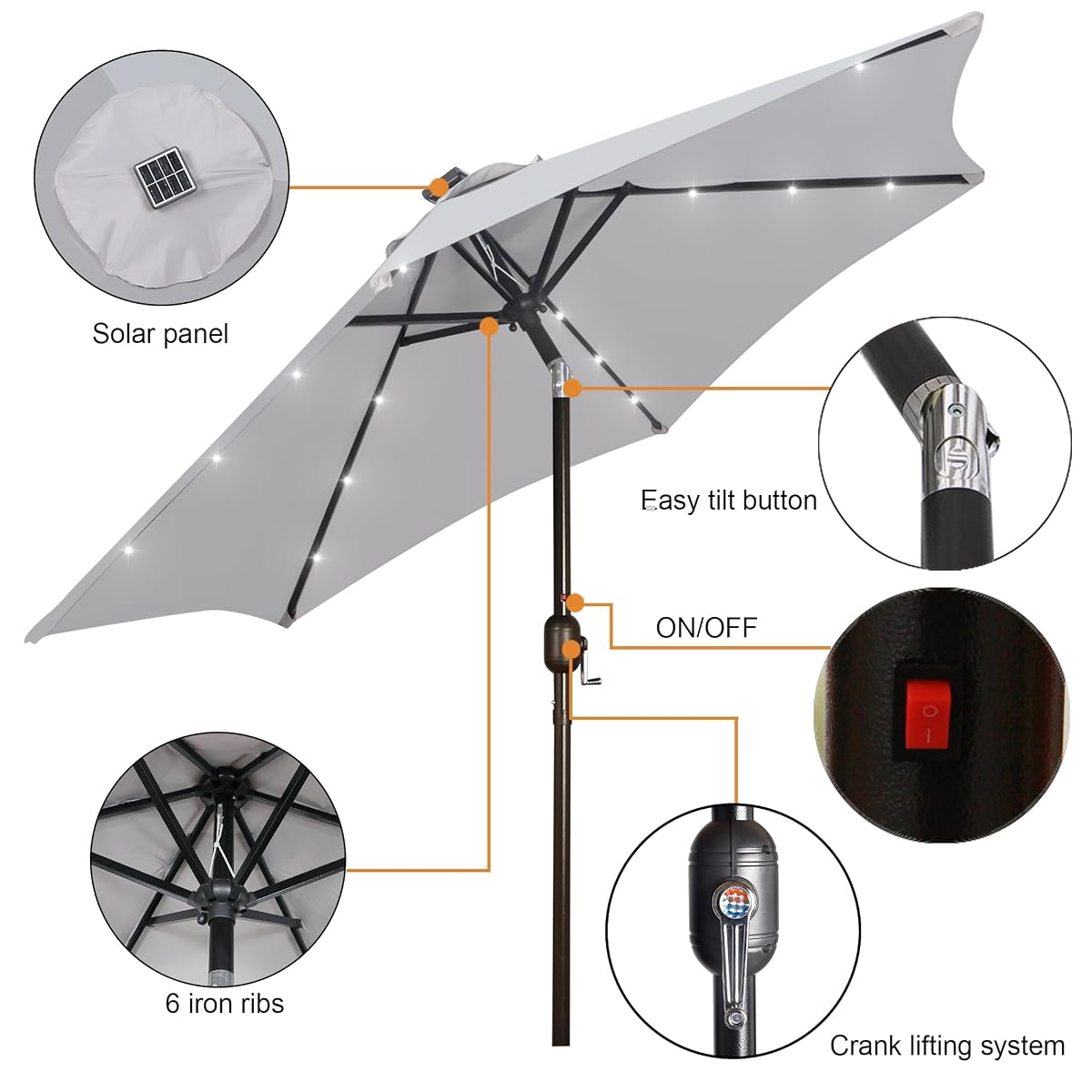 Blissun 7.5 ft Solar Umbrella, 18 LED Lighted Patio Umbrella, Table Market Umbrella, Light Grey - detail image 1