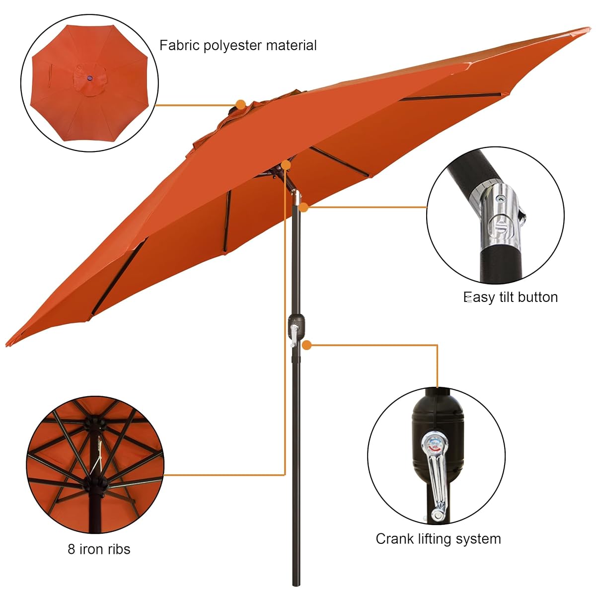 Blissun 9' Outdoor Patio Umbrella, Outdoor Table Umbrella, Yard Umbrella, Market Umbrella with 8 Sturdy Ribs, Push Button Tilt and Crank (Orange) - detail image 1