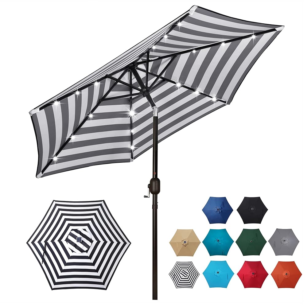 Blissun 7.5 ft Solar Umbrella, 18 LED Lighted Patio Umbrella, Table Market Umbrella, Black & White